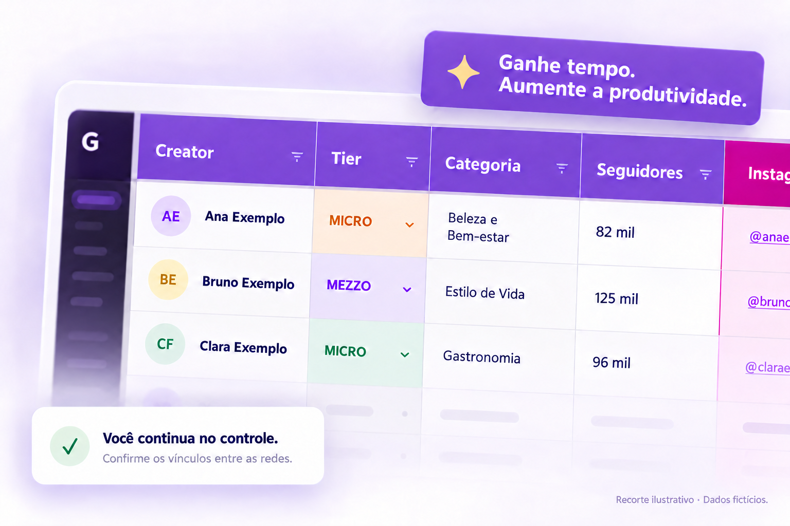 Prévia da planilha Grape com dados fictícios. Ganhe tempo e aumente a produtividade.